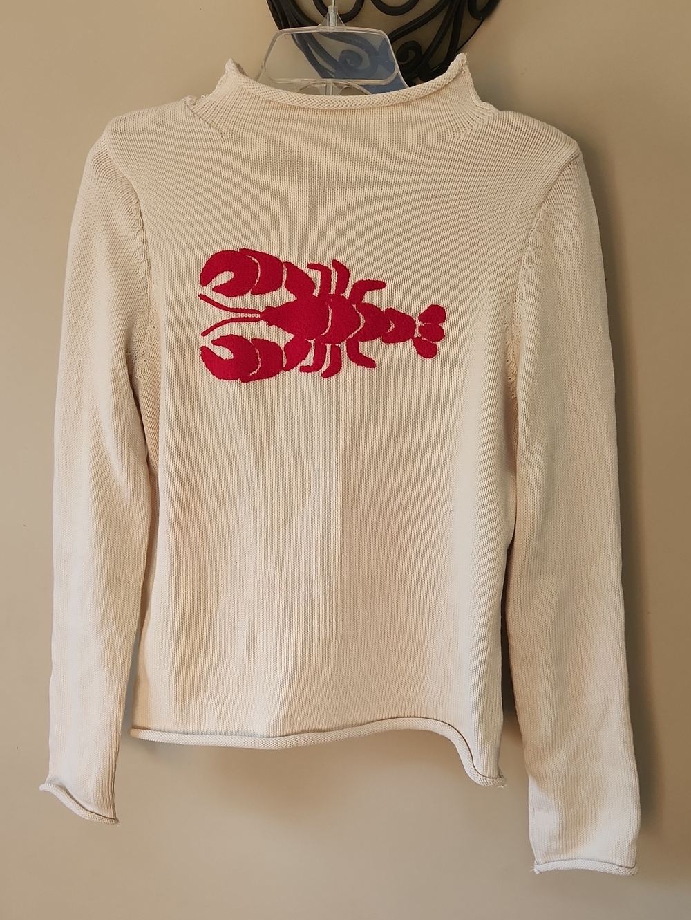 Cream Knit Sweater with Red Lobster Motif